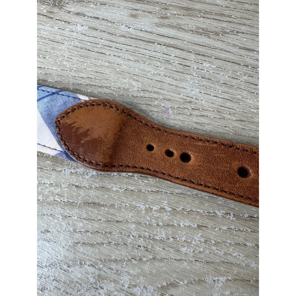 Brooks Brothers Mens Plaid Cotton and Leather Belt Brown Blue Pink Size Large